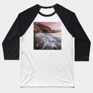 rushing waves against rock on beach in Jamestown, Rhode Island Baseball T-Shirt